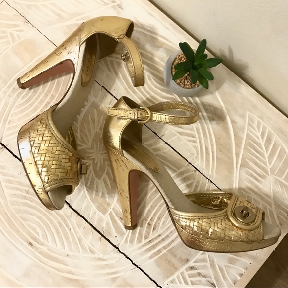 Coach Dianah Metallic Gold Cork Strap Pumps Heels - Picture 8 of 8